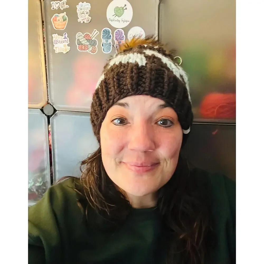 Hand Knit Tilt A Whirl Beanie: Cozy Winter Hat with Faux Fur Pom